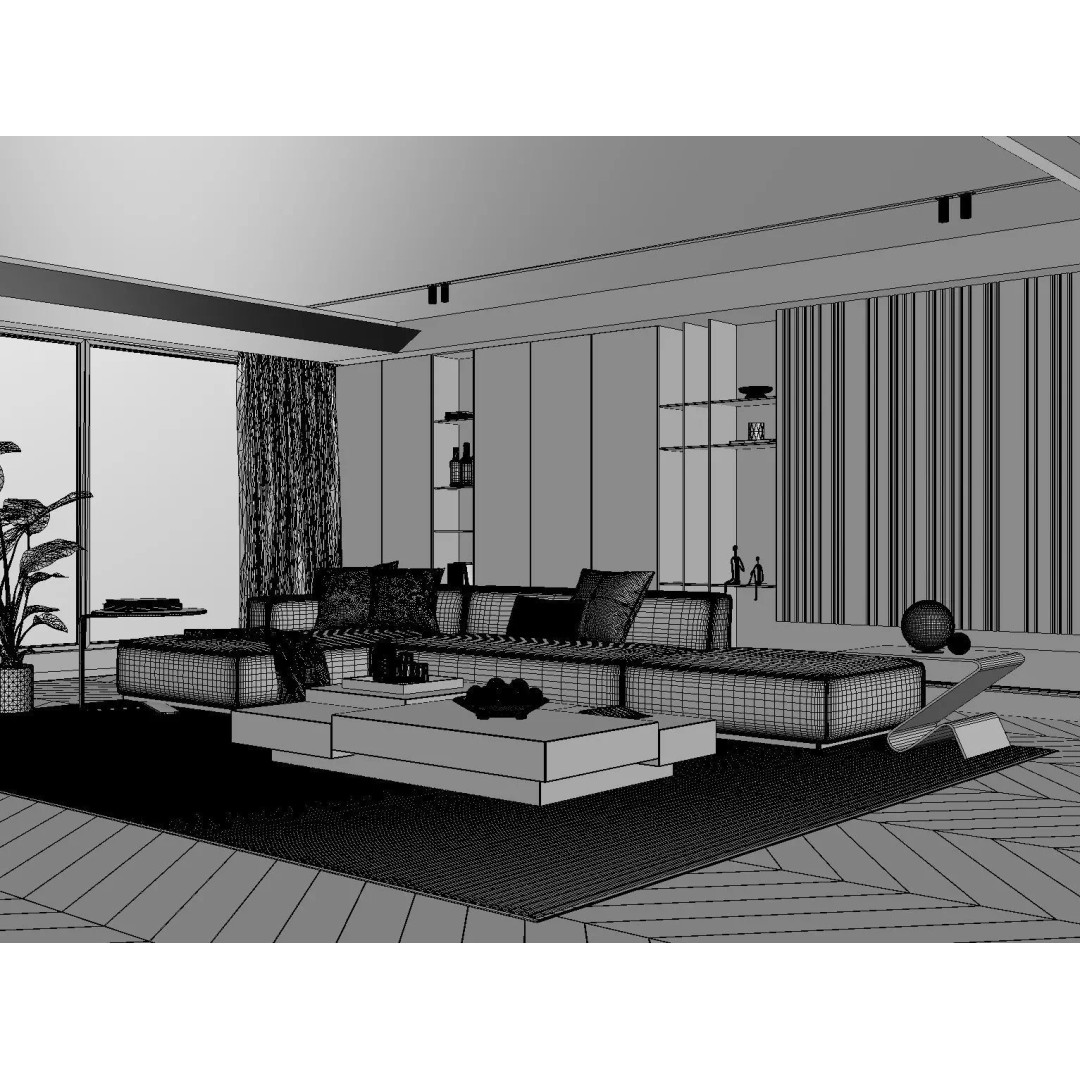 Modern Living Room 3D Model – Minimalist Interior Design, FBX & OBJ Formats - View 5