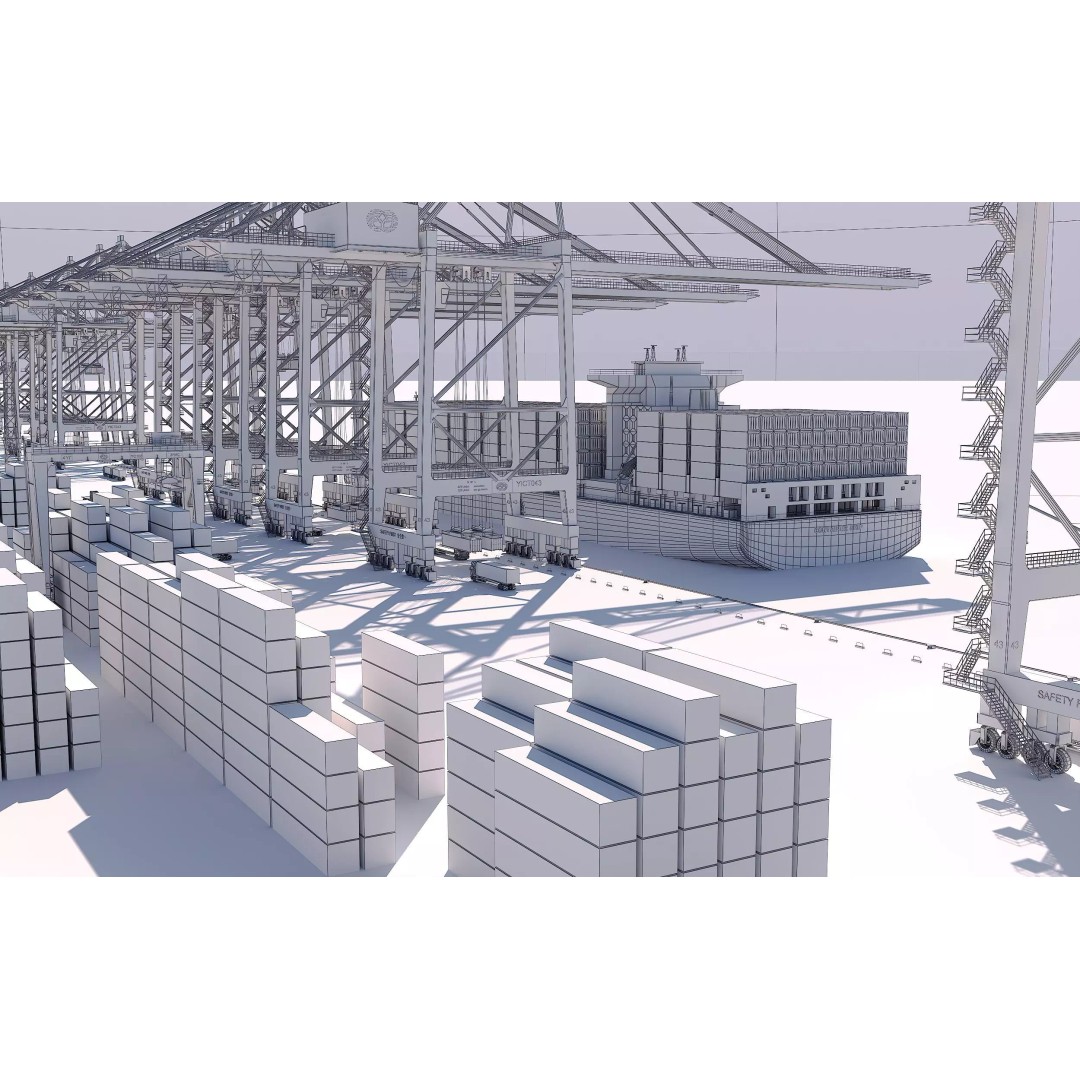 Industrial Port Harbor 3D Model – Container Terminal Scene, FBX, OBJ