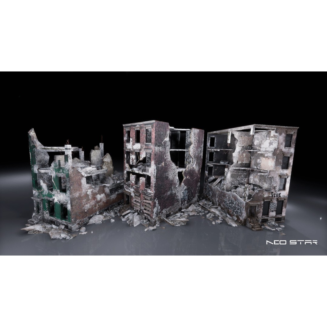 Destroyed Buildings 3D Model – Low Poly Game Asset, FBX & OBJ - View 3