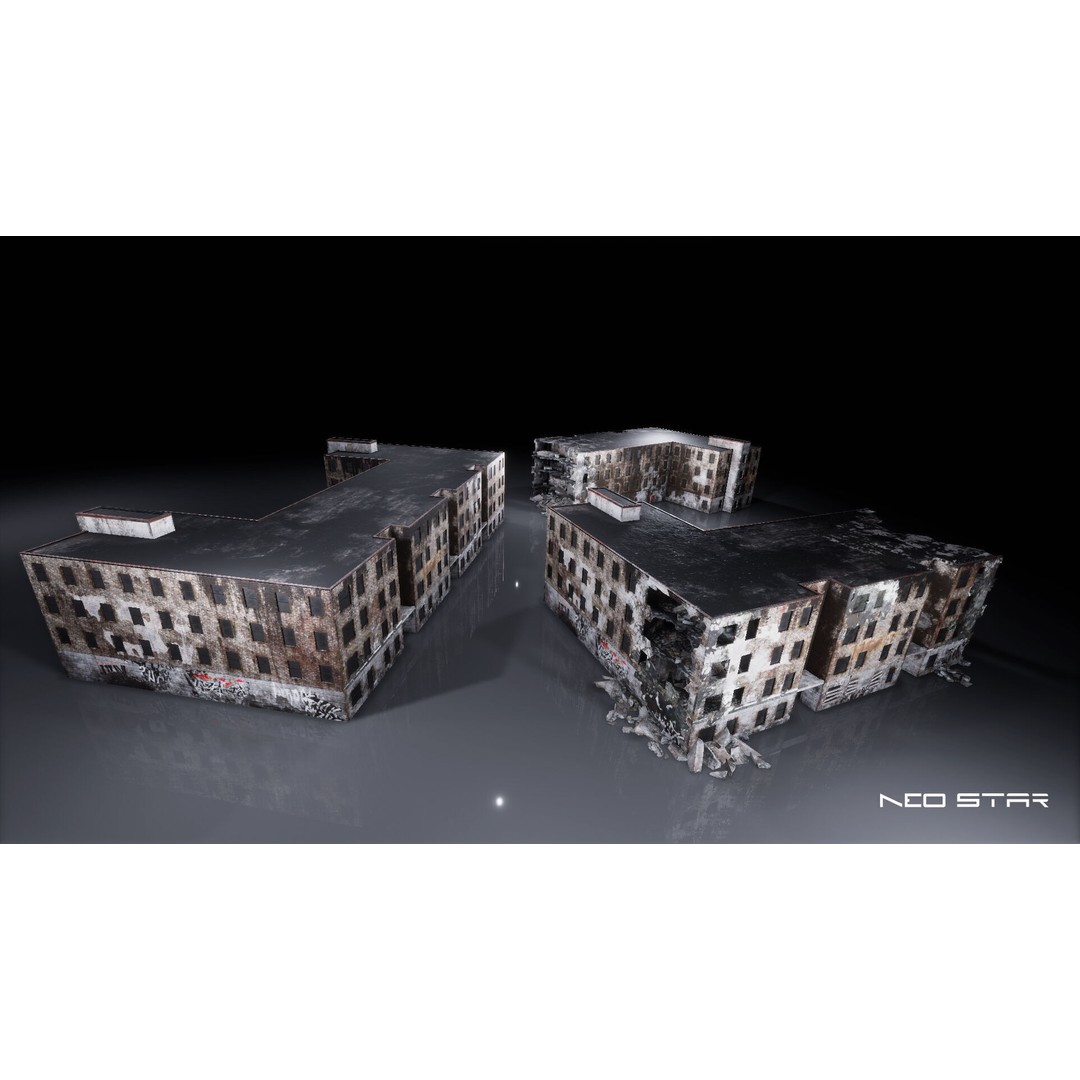 Destroyed Buildings 3D Model – Low Poly Game Asset, FBX & OBJ - View 4