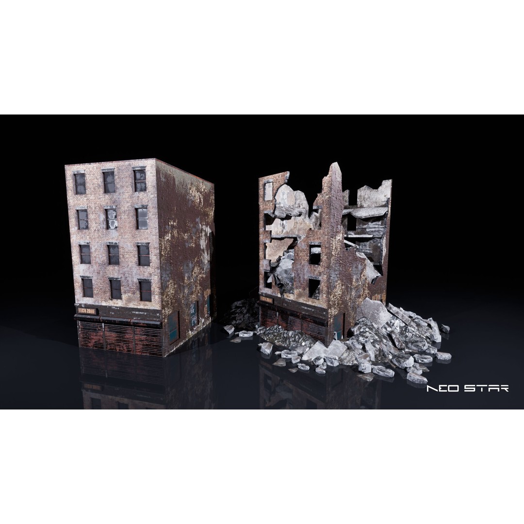 Destroyed Buildings 3D Model – Low Poly Game Asset, FBX & OBJ - View 6