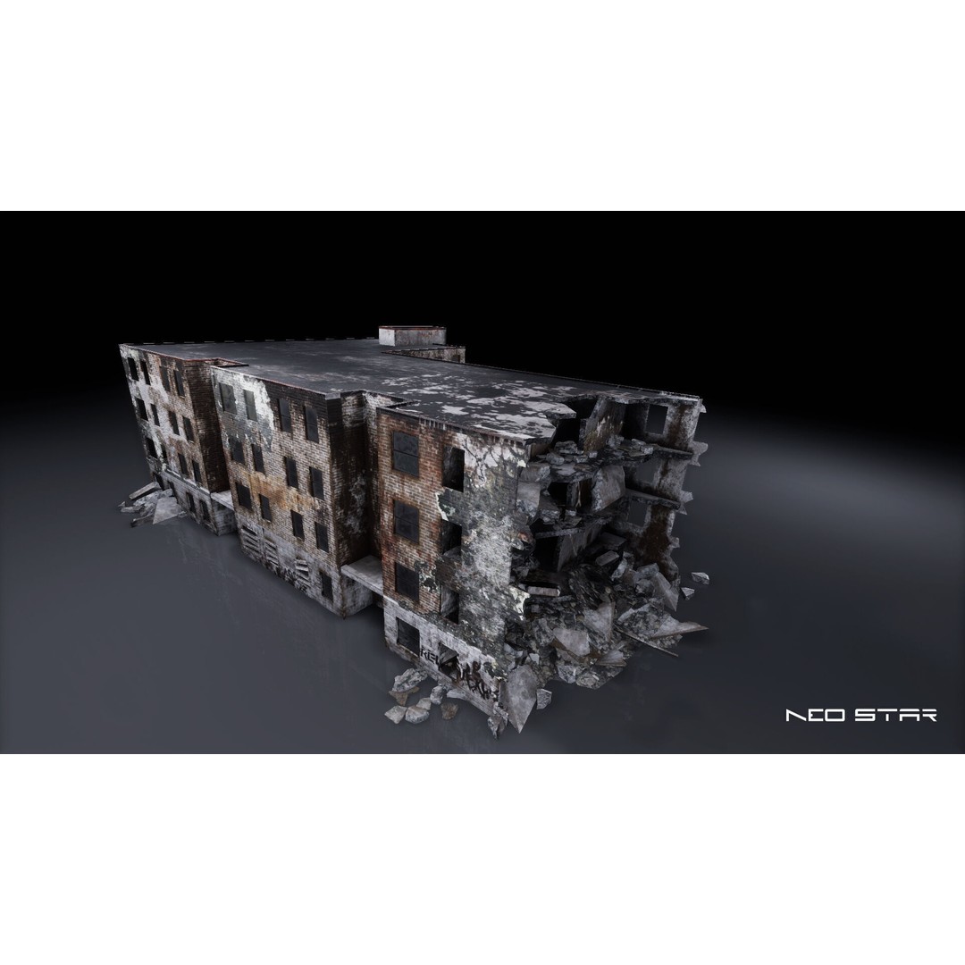 Destroyed Buildings 3D Model – Low Poly Game Asset, FBX & OBJ - View 9