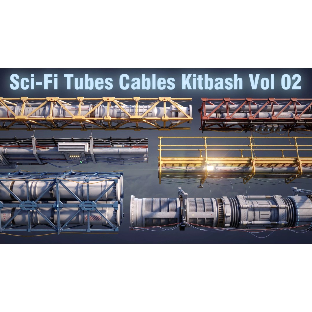 Sci-Fi Tubes and Cables 3D Model – Low Poly PBR Kit, FBX, OBJ - View 2