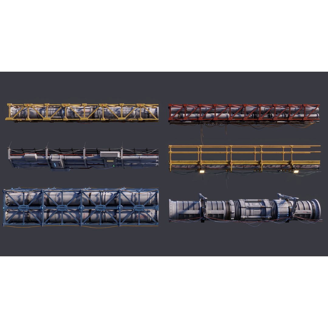 Sci-Fi Tubes and Cables 3D Model – Low Poly PBR Kit, FBX, OBJ - View 3