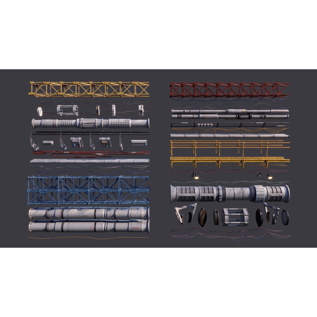 Sci-Fi Tubes and Cables 3D Model – Low Poly PBR Kit, FBX, OBJ - View 5