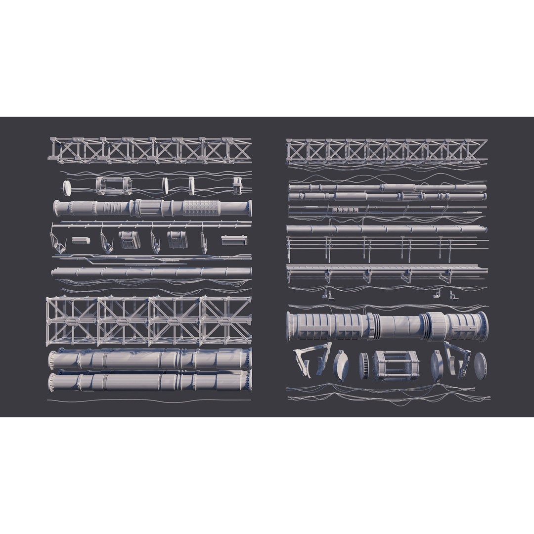 Sci-Fi Tubes and Cables 3D Model – Low Poly PBR Kit, FBX, OBJ - View 6