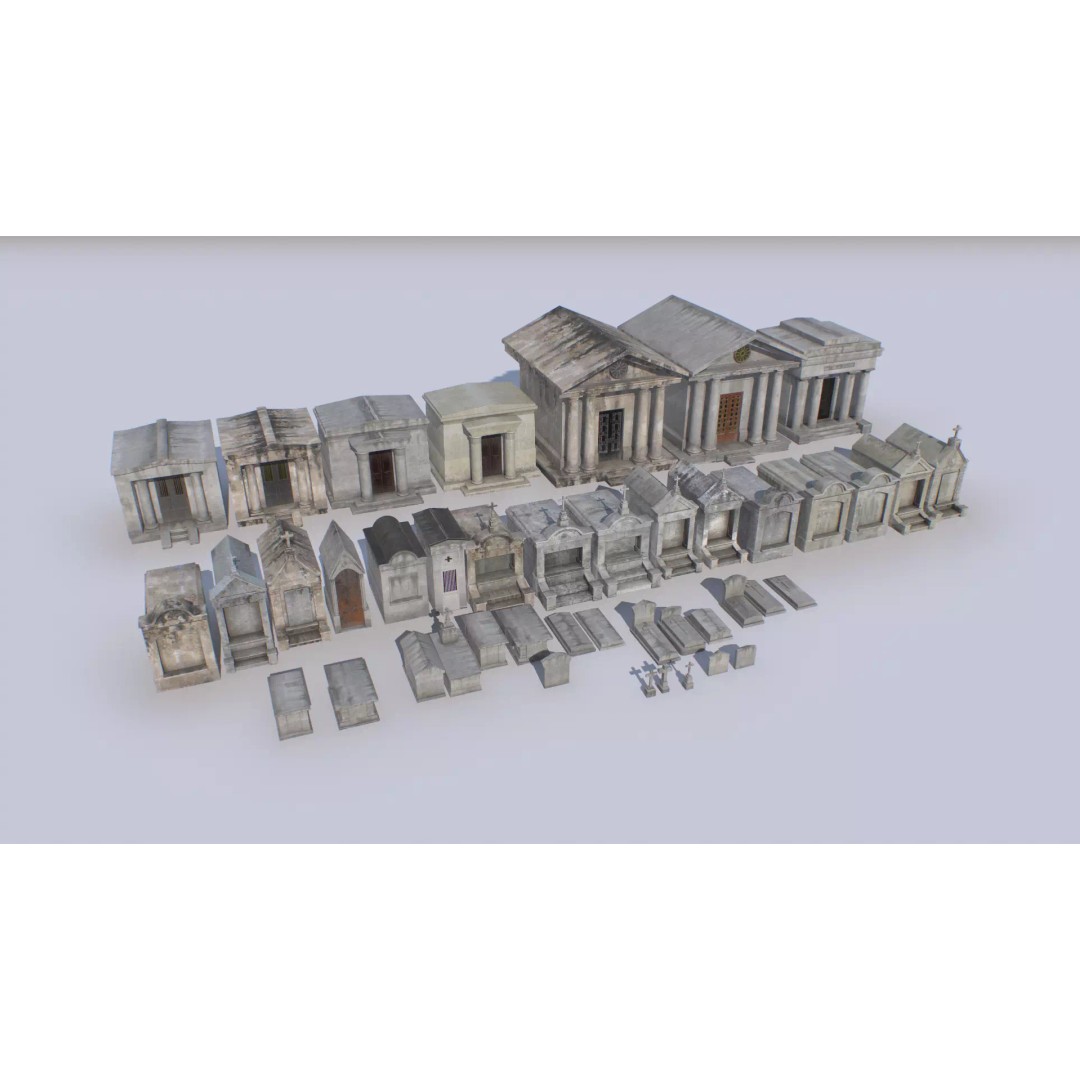 Mausoleums 3D Model – Low Poly Cemetery Props, FBX, PBR Textures - View 2