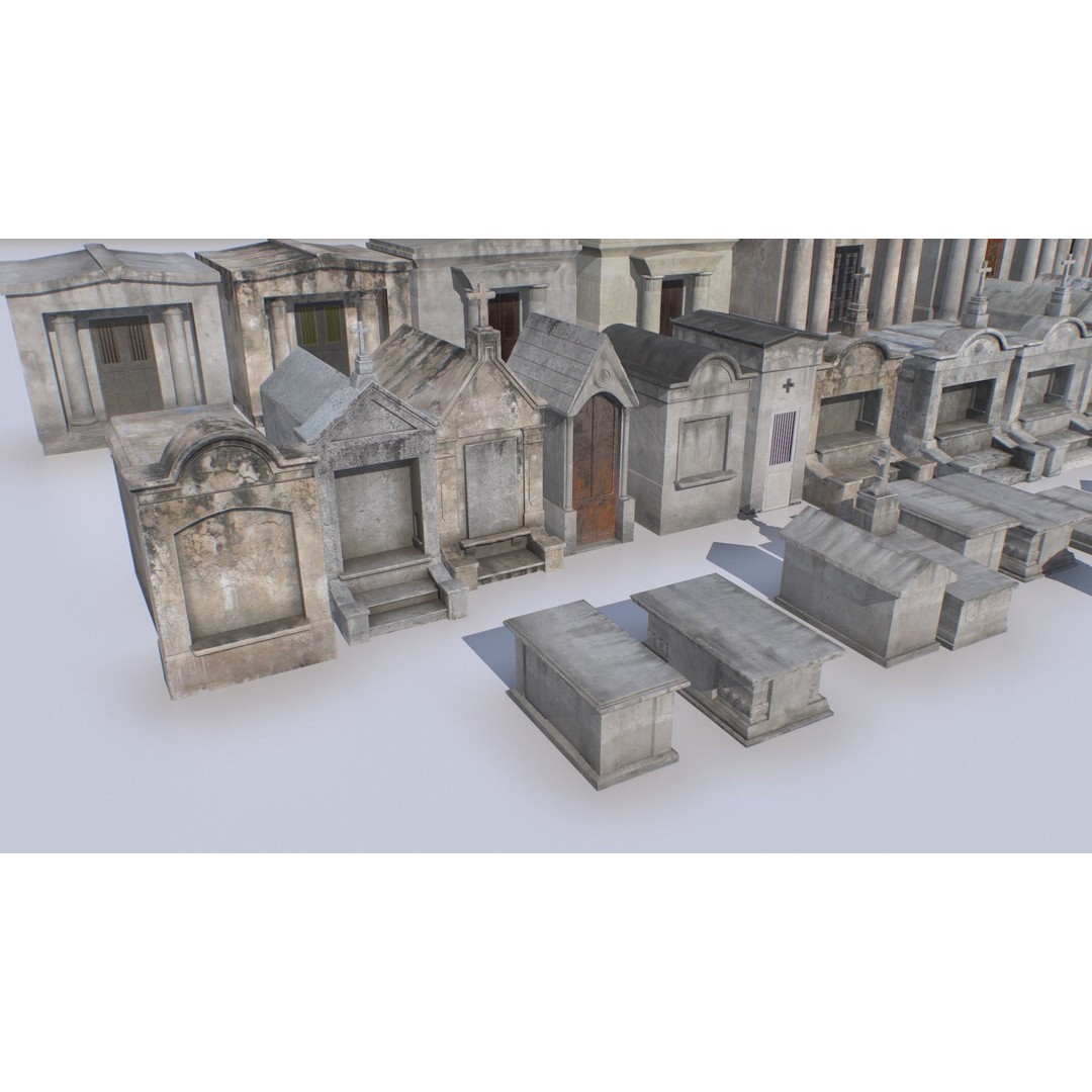 Mausoleums 3D Model – Low Poly Cemetery Props, FBX, PBR Textures - View 3
