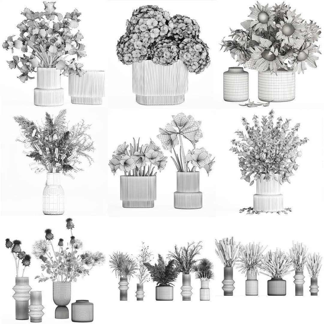 Flower Bouquets and Vase Set - Game-Ready 3D Model