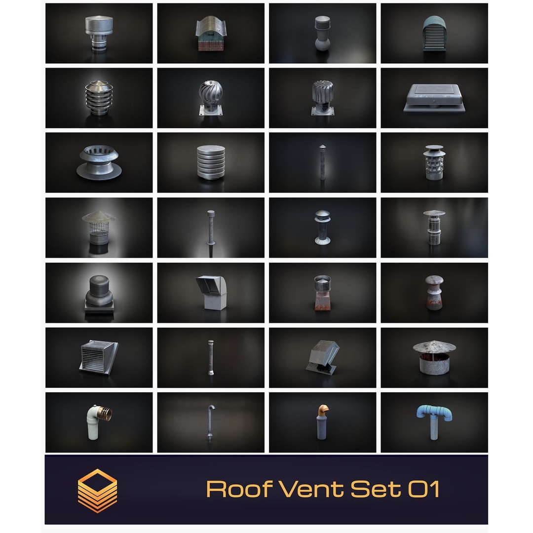 Chimney Vent Set 3D Model – Low Poly Architectural Asset, PBR Textures - View 3