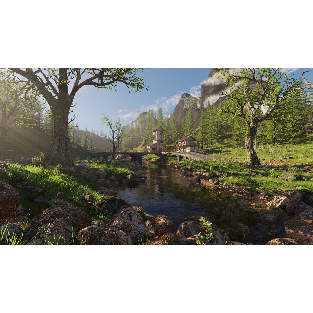 Medieval Bridge Scene 3D Model – High Poly Environment for Blender - View 3