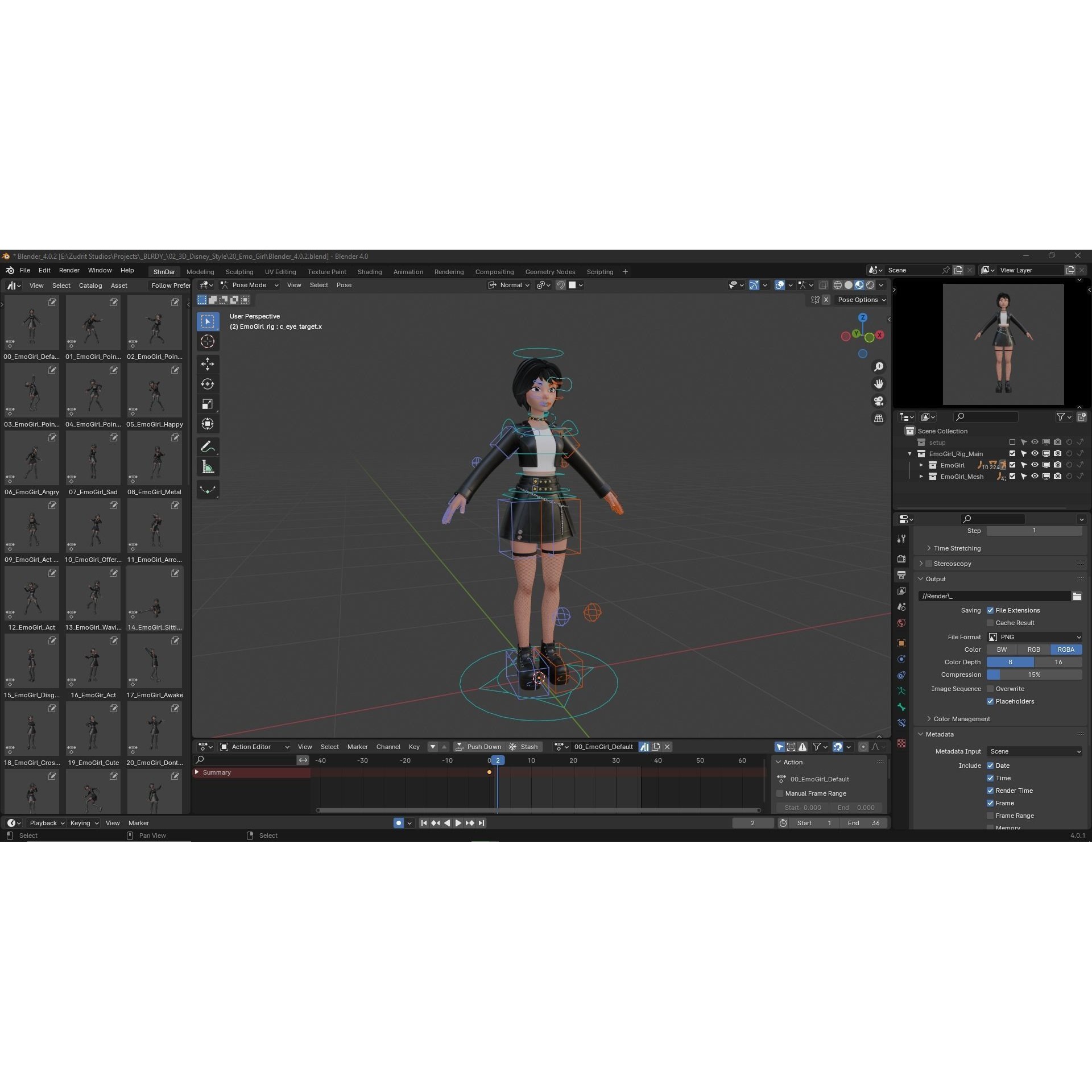 Cartoon Emo Goth Kpop Girl - Low-Poly Game-Ready 3D Model - View 14