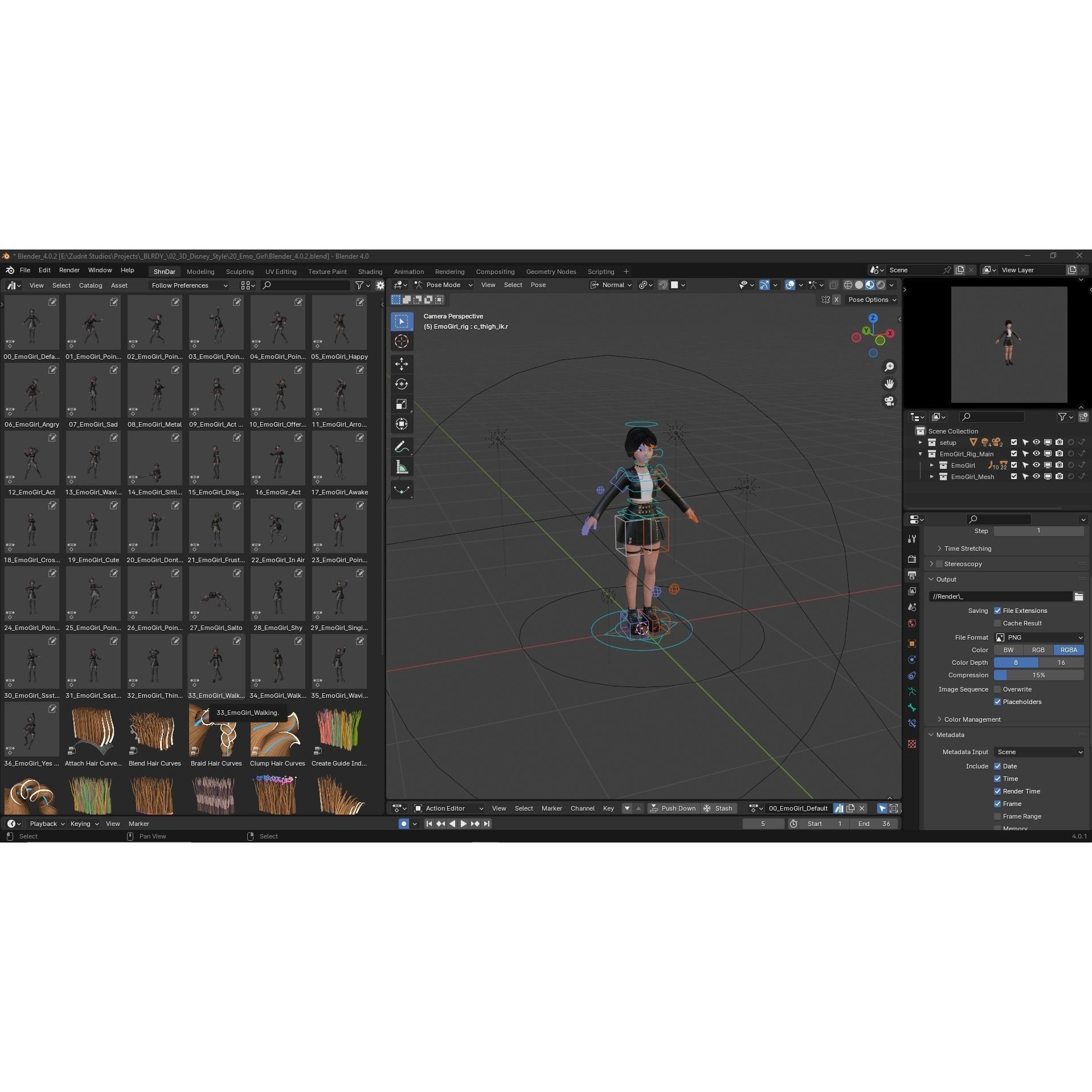 Cartoon Emo Goth Kpop Girl - Low-Poly Game-Ready 3D Model - View 15
