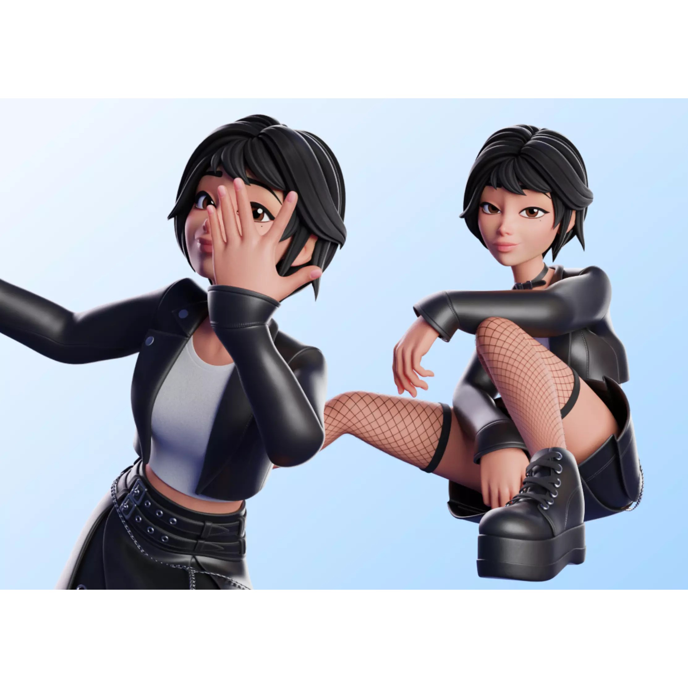 Cartoon Emo Goth Kpop Girl - Low-Poly Game-Ready 3D Model - View 2