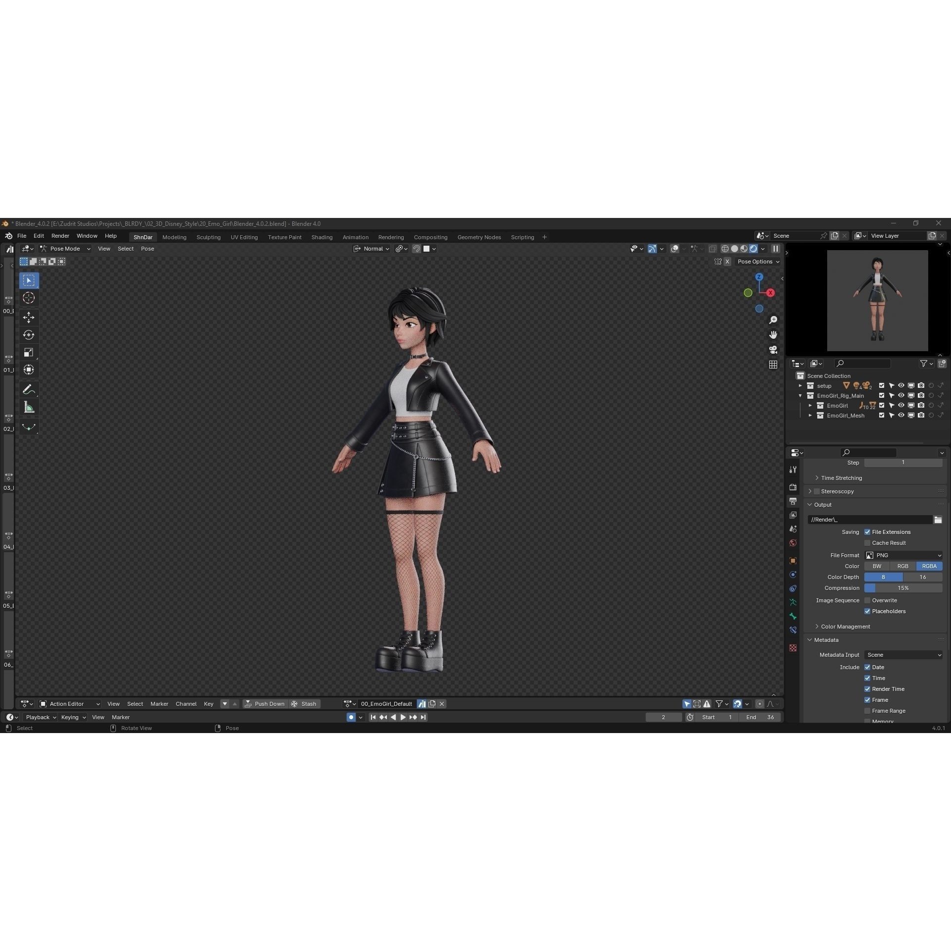 Cartoon Emo Goth Kpop Girl - Low-Poly Game-Ready 3D Model - View 24