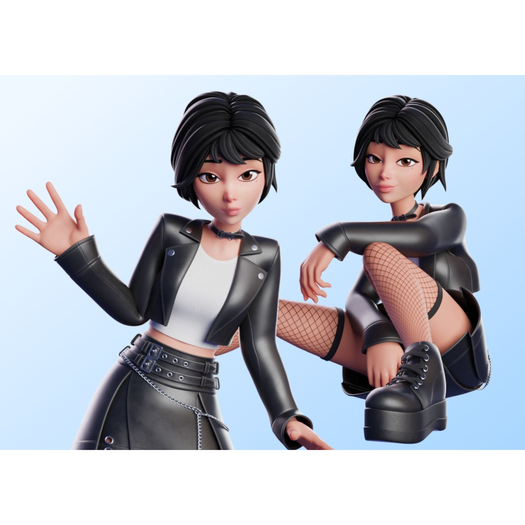 Cartoon Emo Goth Kpop Girl - Low-Poly Game-Ready 3D Model - View 3