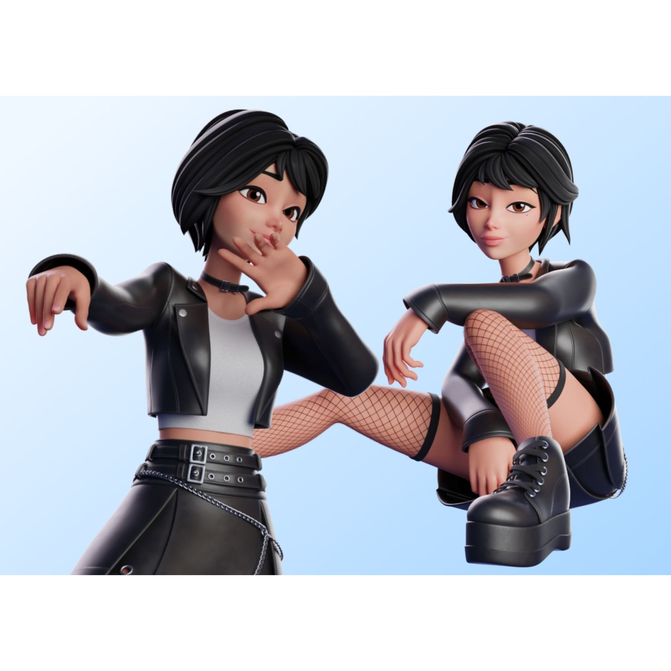 Cartoon Emo Goth Kpop Girl - Low-Poly Game-Ready 3D Model - View 4