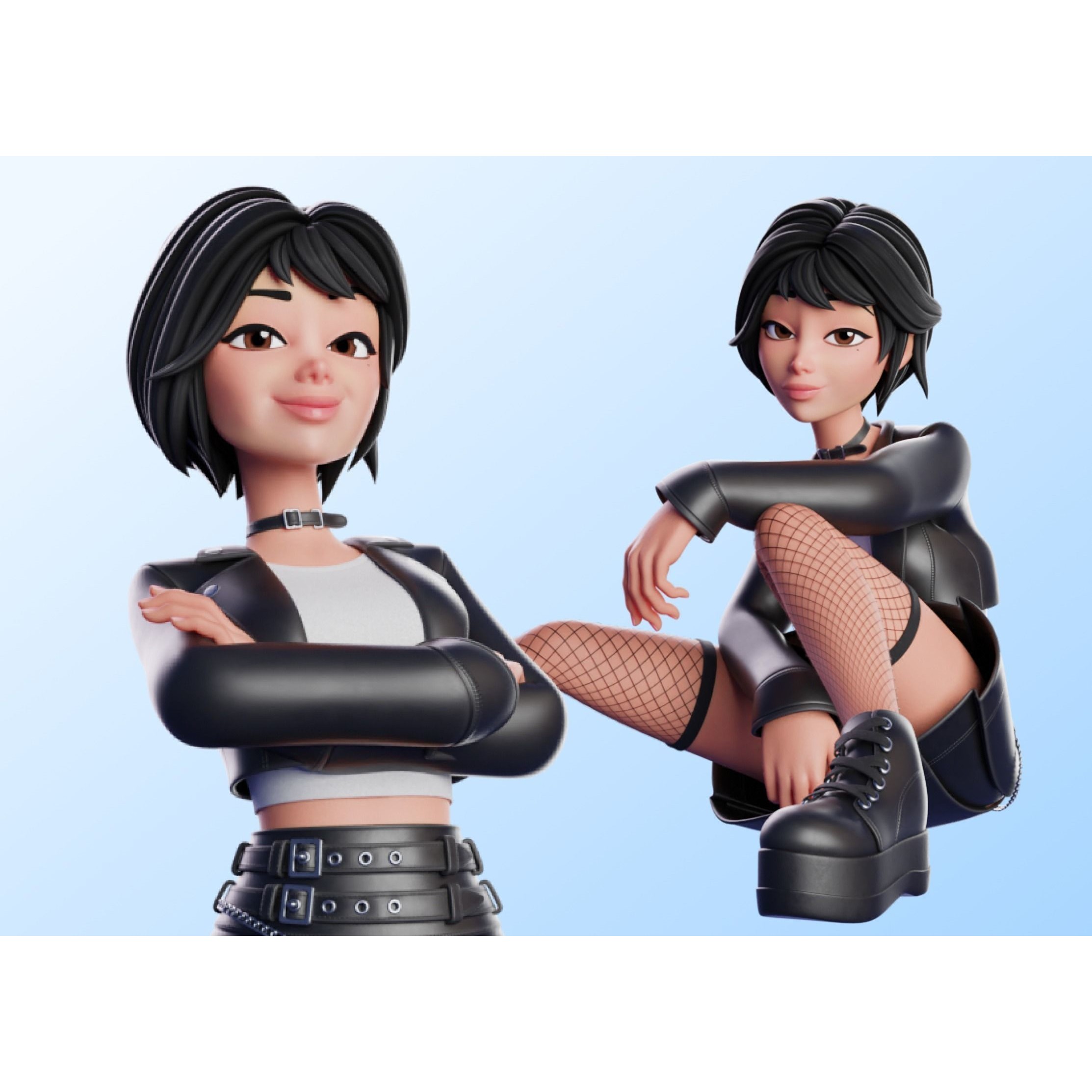 Cartoon Emo Goth Kpop Girl - Low-Poly Game-Ready 3D Model - View 5