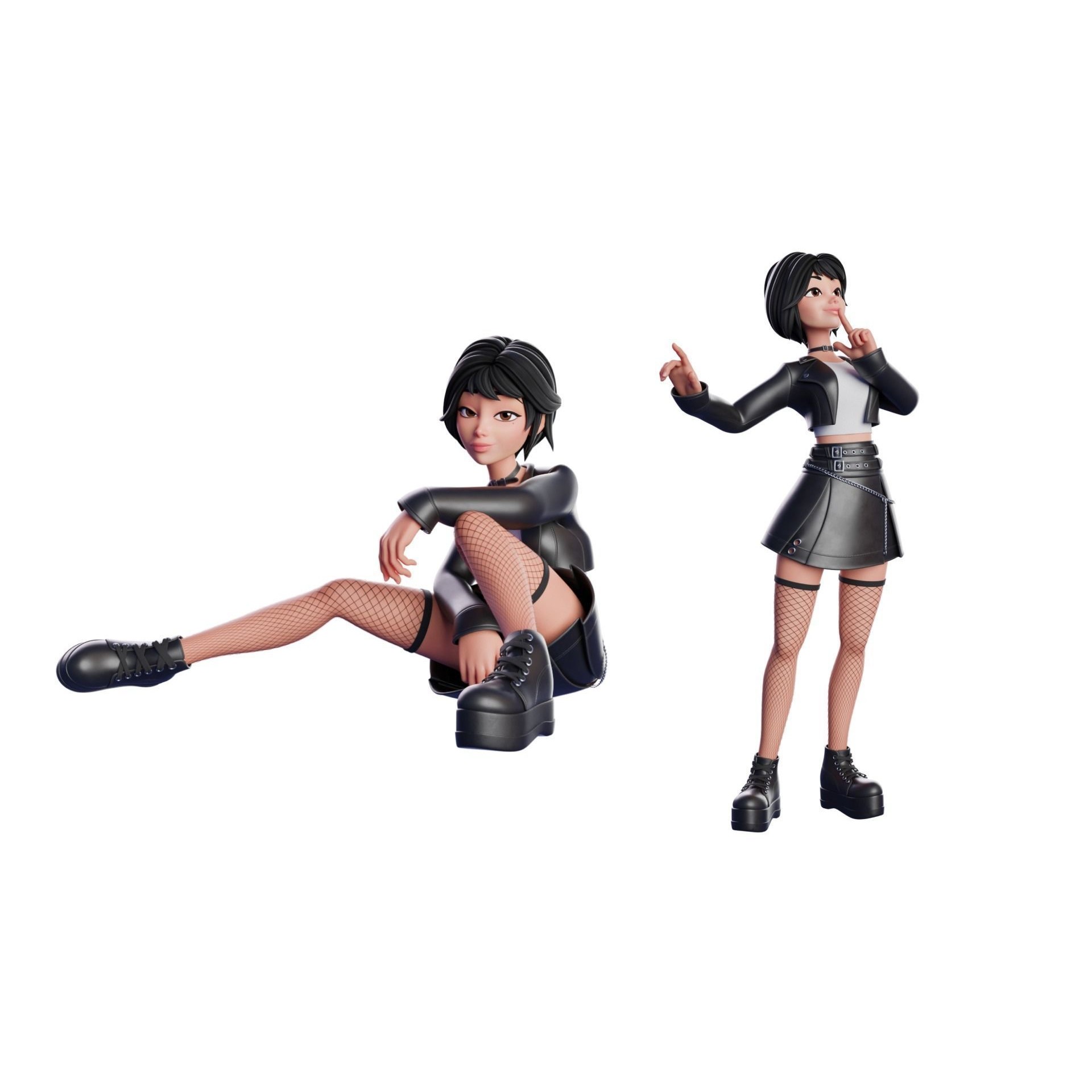 Cartoon Emo Goth Kpop Girl - Low-Poly Game-Ready 3D Model - View 7