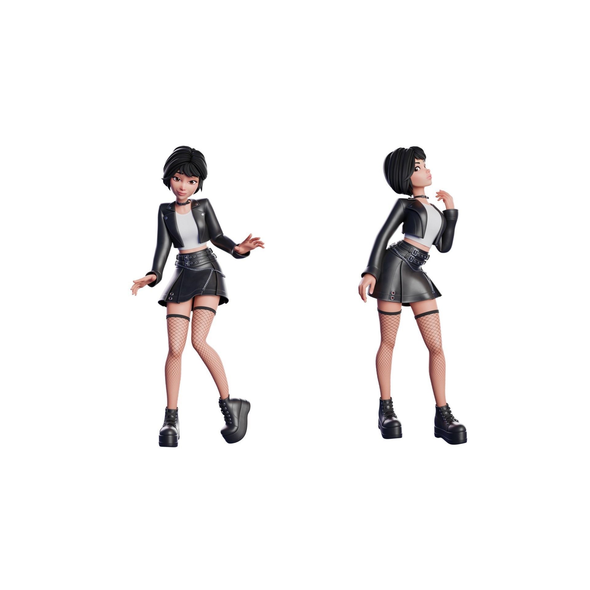 Cartoon Emo Goth Kpop Girl - Low-Poly Game-Ready 3D Model - View 9