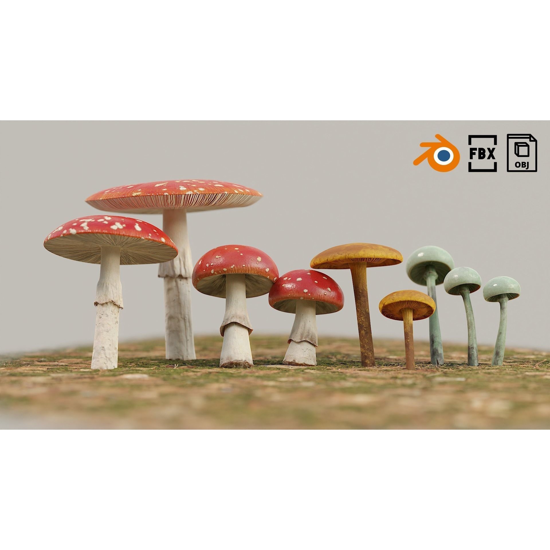 Set of Mushrooms - Low-Poly Game-Ready 3D Model