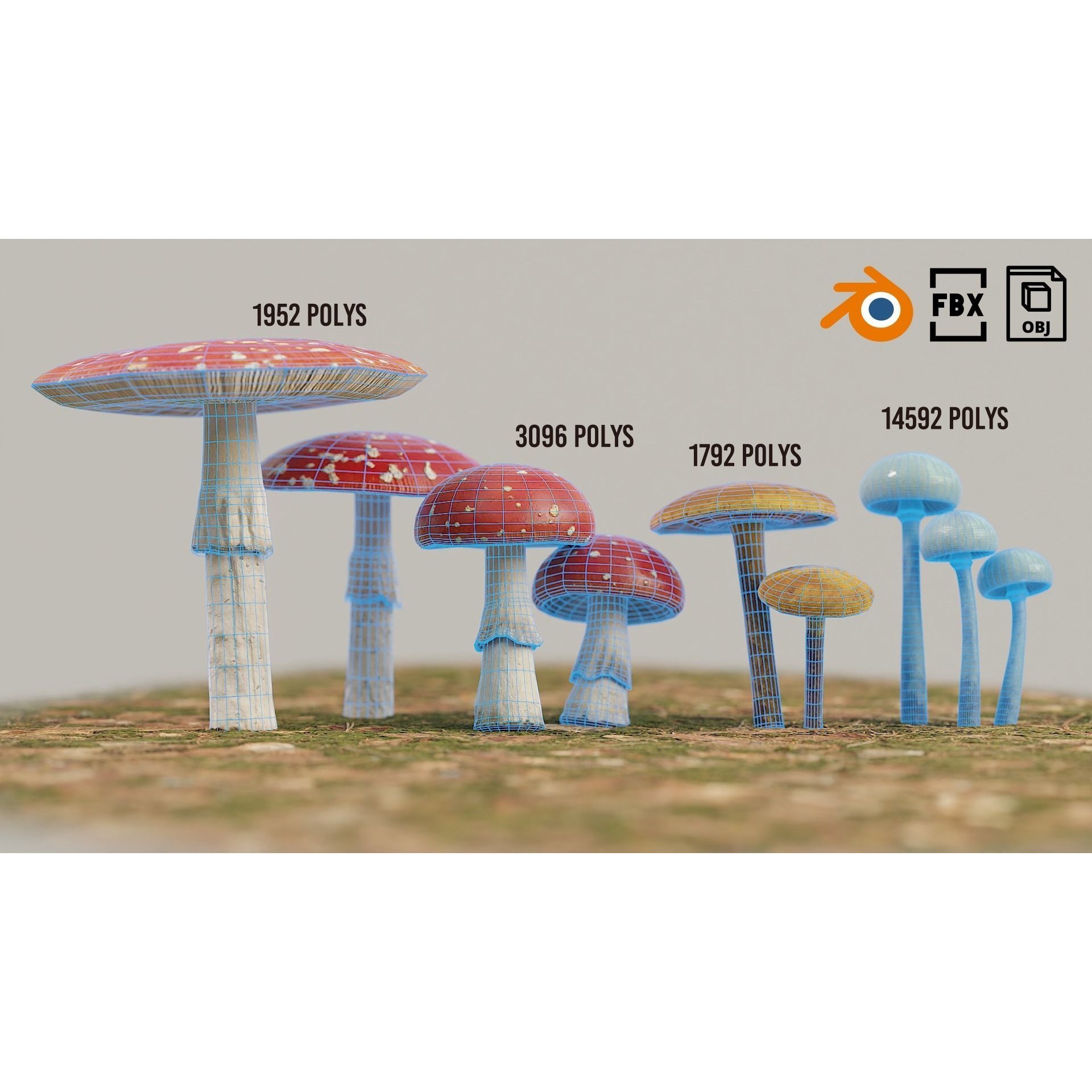 Set of Mushrooms - Low-Poly Game-Ready 3D Model - View 11