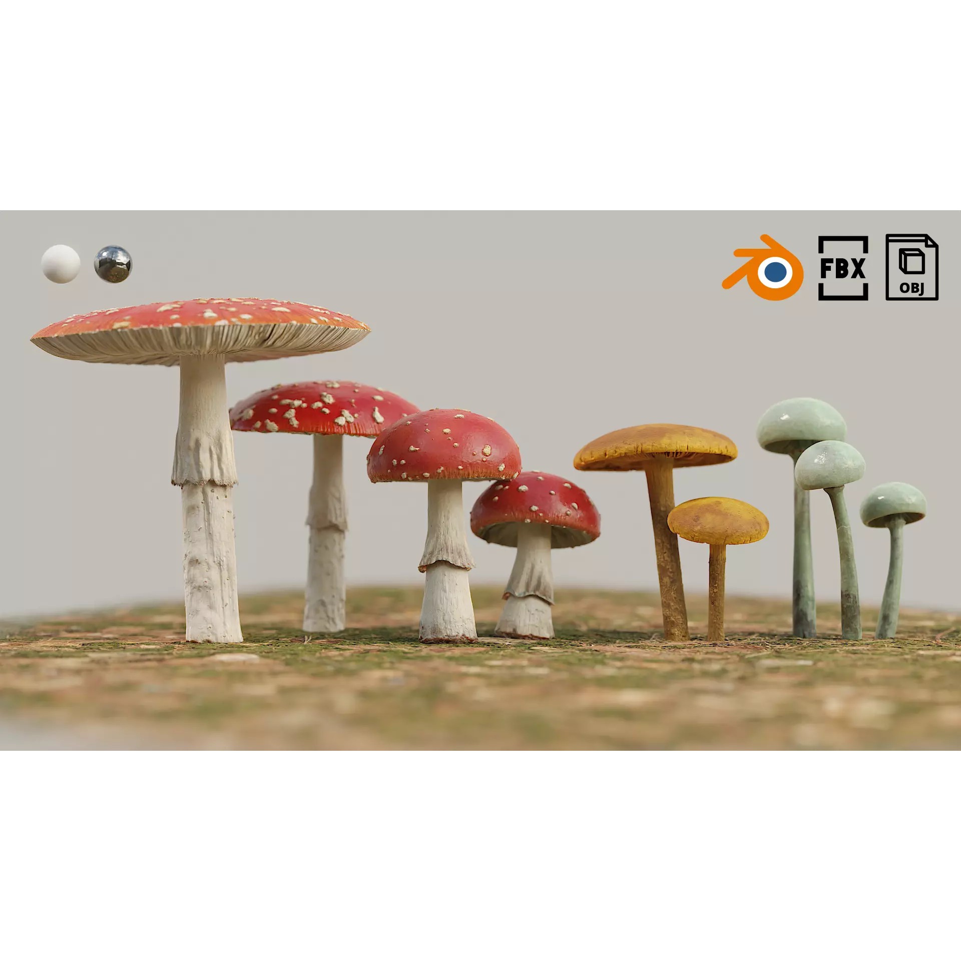 Set of Mushrooms - Low-Poly Game-Ready 3D Model - View 2