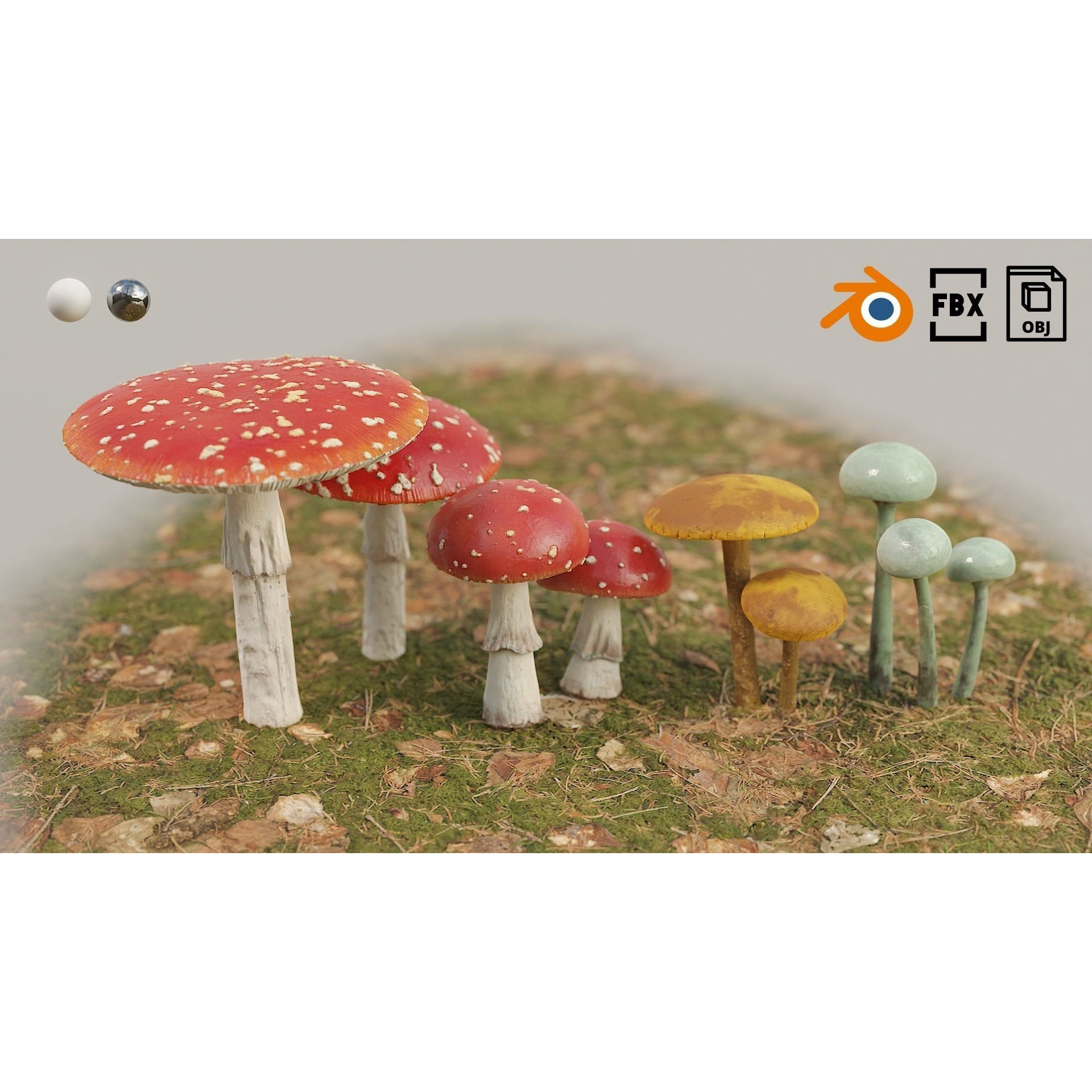 Set of Mushrooms - Low-Poly Game-Ready 3D Model - View 3