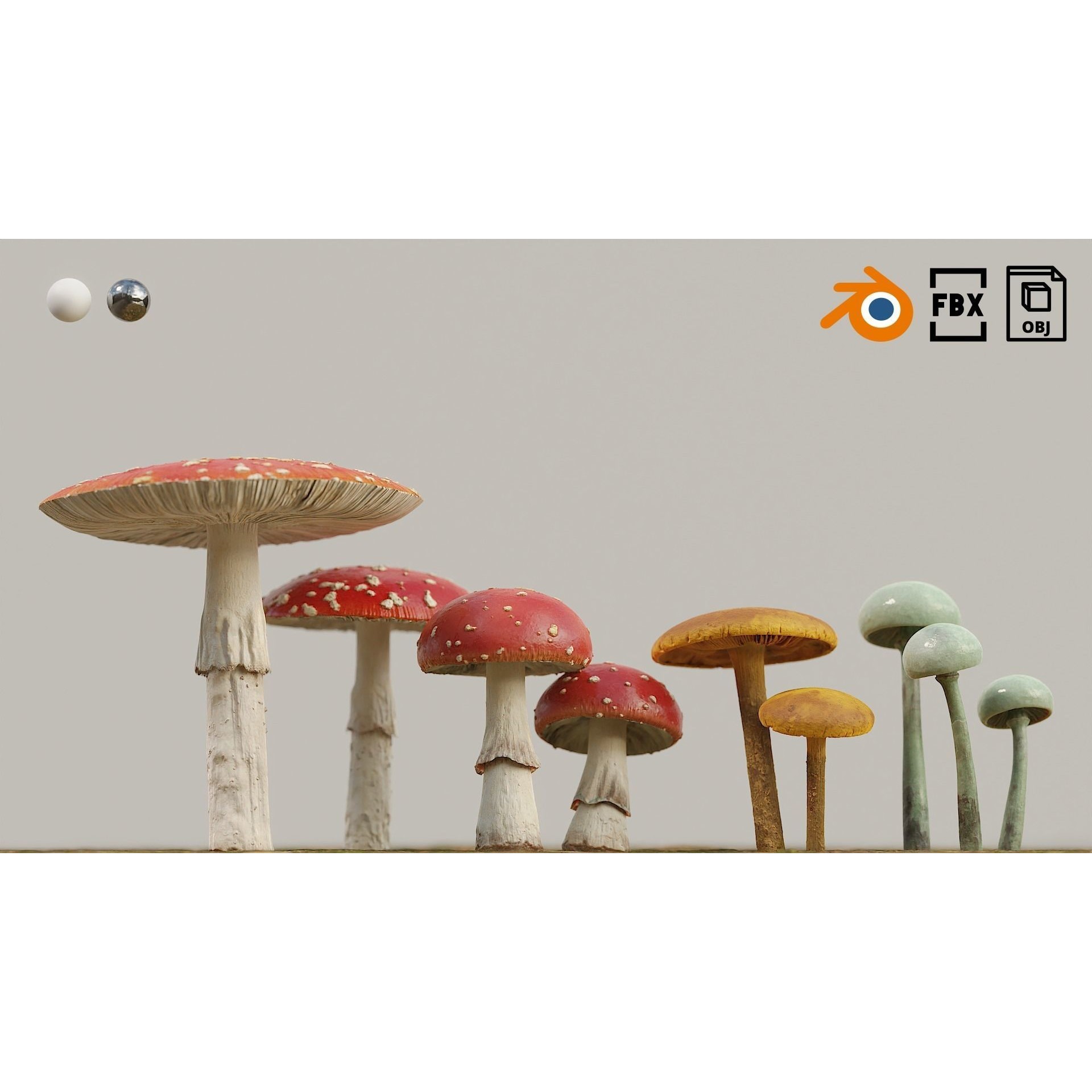 Set of Mushrooms - Low-Poly Game-Ready 3D Model - View 4