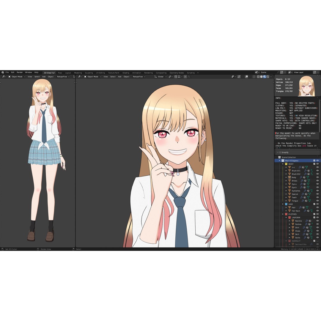 Marin Kitagawa 3D Model – Low Poly Rigged Character for Blender - View 14