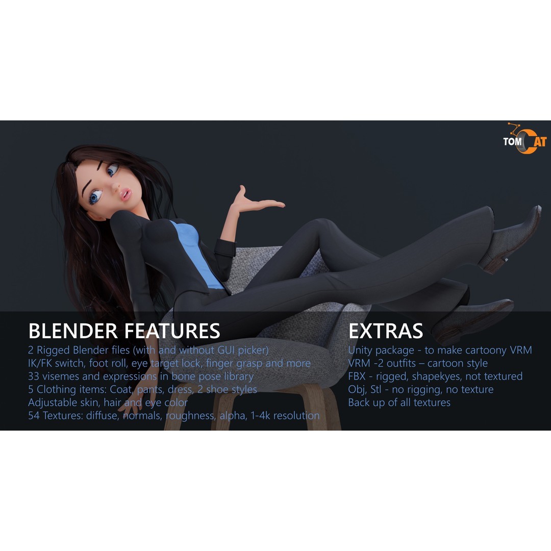 Tory Rigged Woman Character 3D Model – Stylized Blender Asset, PBR Textures - View 3