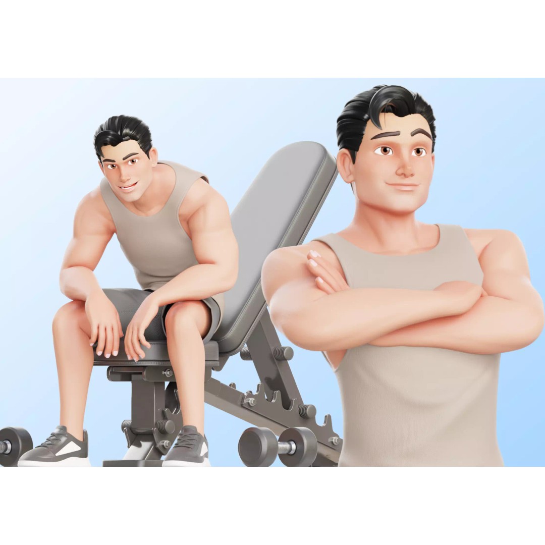 Cartoon Sports Gym Fitness Man 3D Model – Low Poly Rigged Character, FBX - View 2