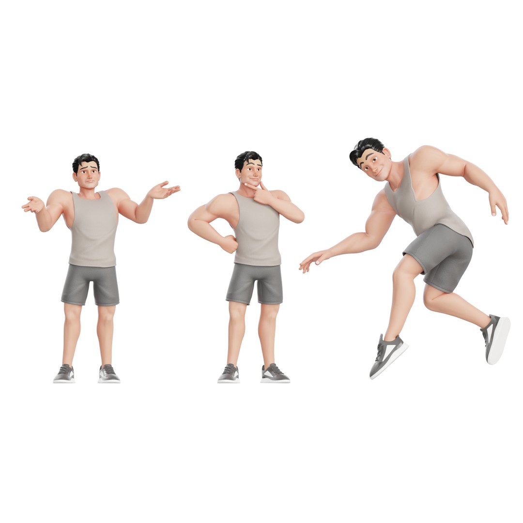 Cartoon Sports Gym Fitness Man 3D Model – Low Poly Rigged Character, FBX - View 20