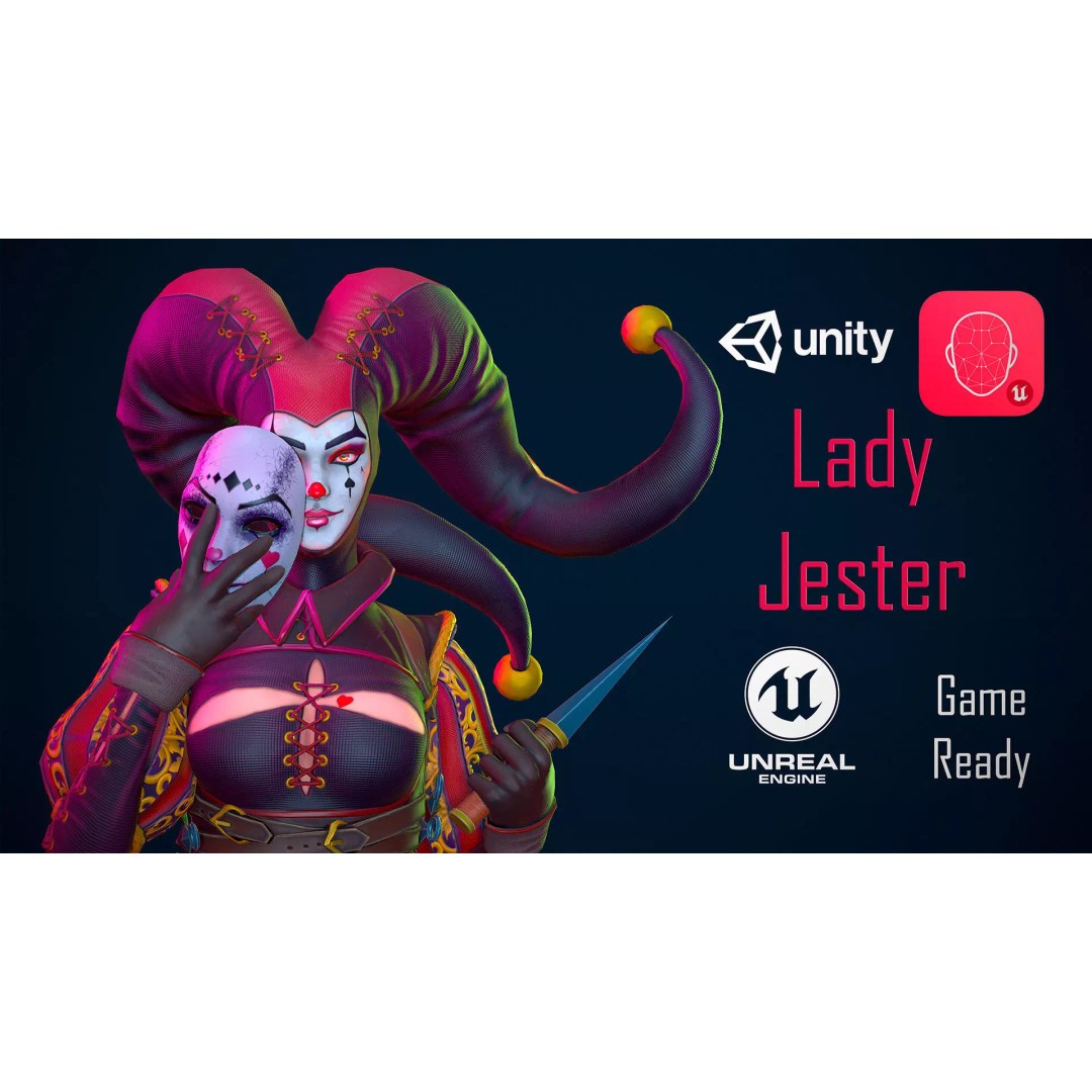 Lady Jester 3D Model – Low Poly Game Ready Character, FBX, PBR - View 2