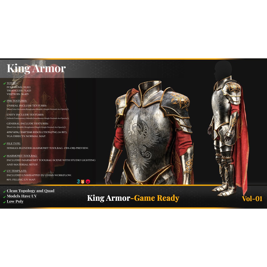 King Armor 3D Model – Low Poly Game-Ready Armor with PBR Textures - View 3