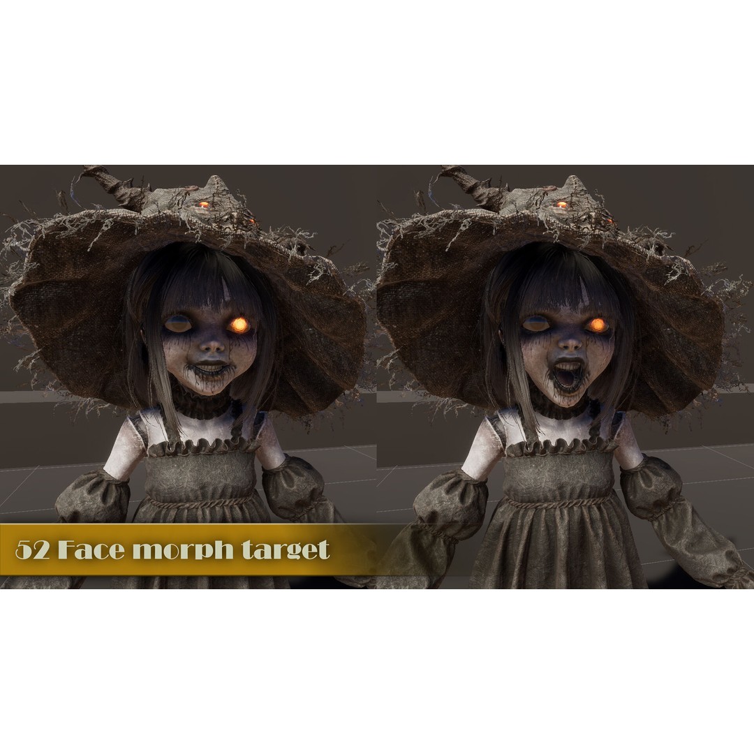 Cursed Doll 3D Model – Low Poly Character with Blend Shapes, FBX - View 10