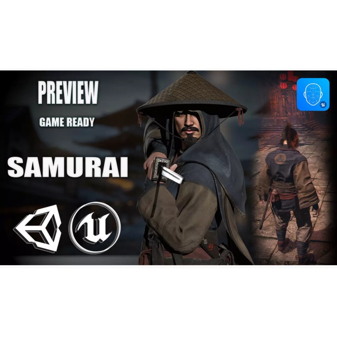 Samurai Warrior 3D Model – Low Poly Rigged Character for Animation - View 2