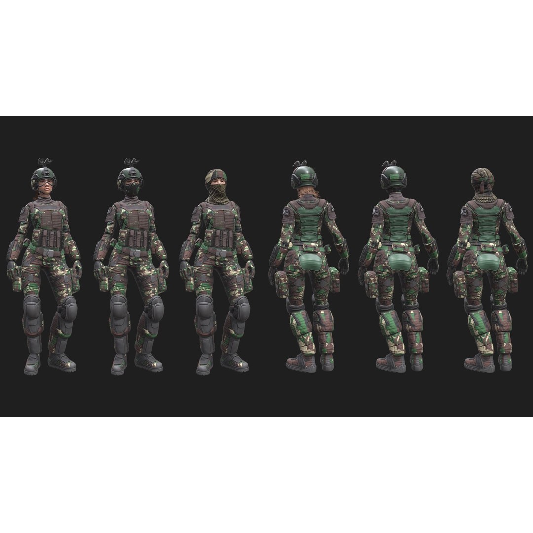 Female Soldier 3D Model – Low Poly Rigged Army Suit, FBX, PBR - View 11