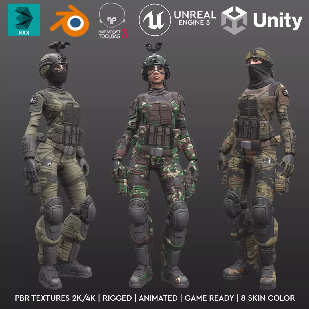 Female Soldier 3D Model – Low Poly Rigged Army Suit, FBX, PBR - View 2
