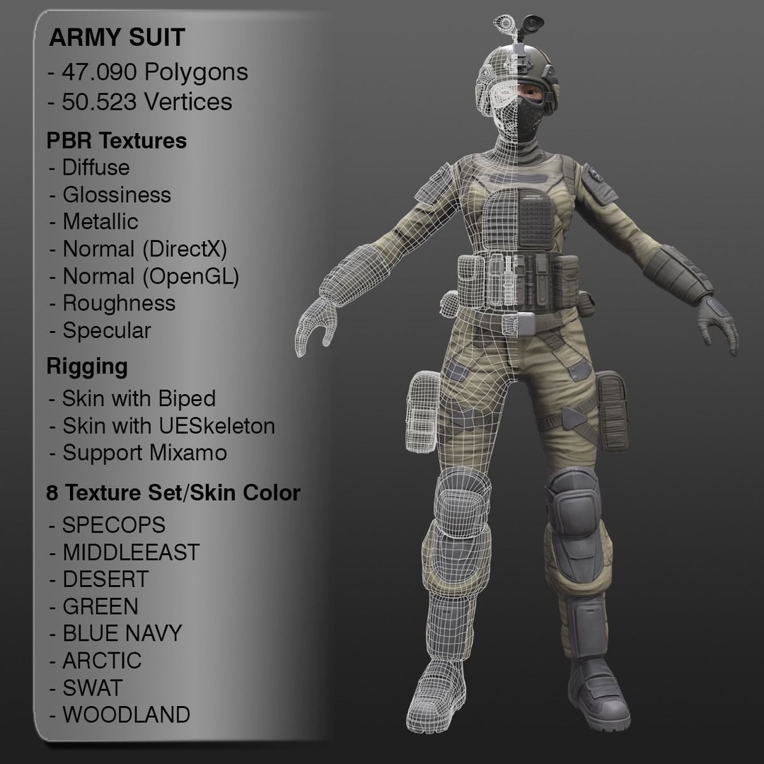 Female Soldier 3D Model – Low Poly Rigged Army Suit, FBX, PBR - View 3