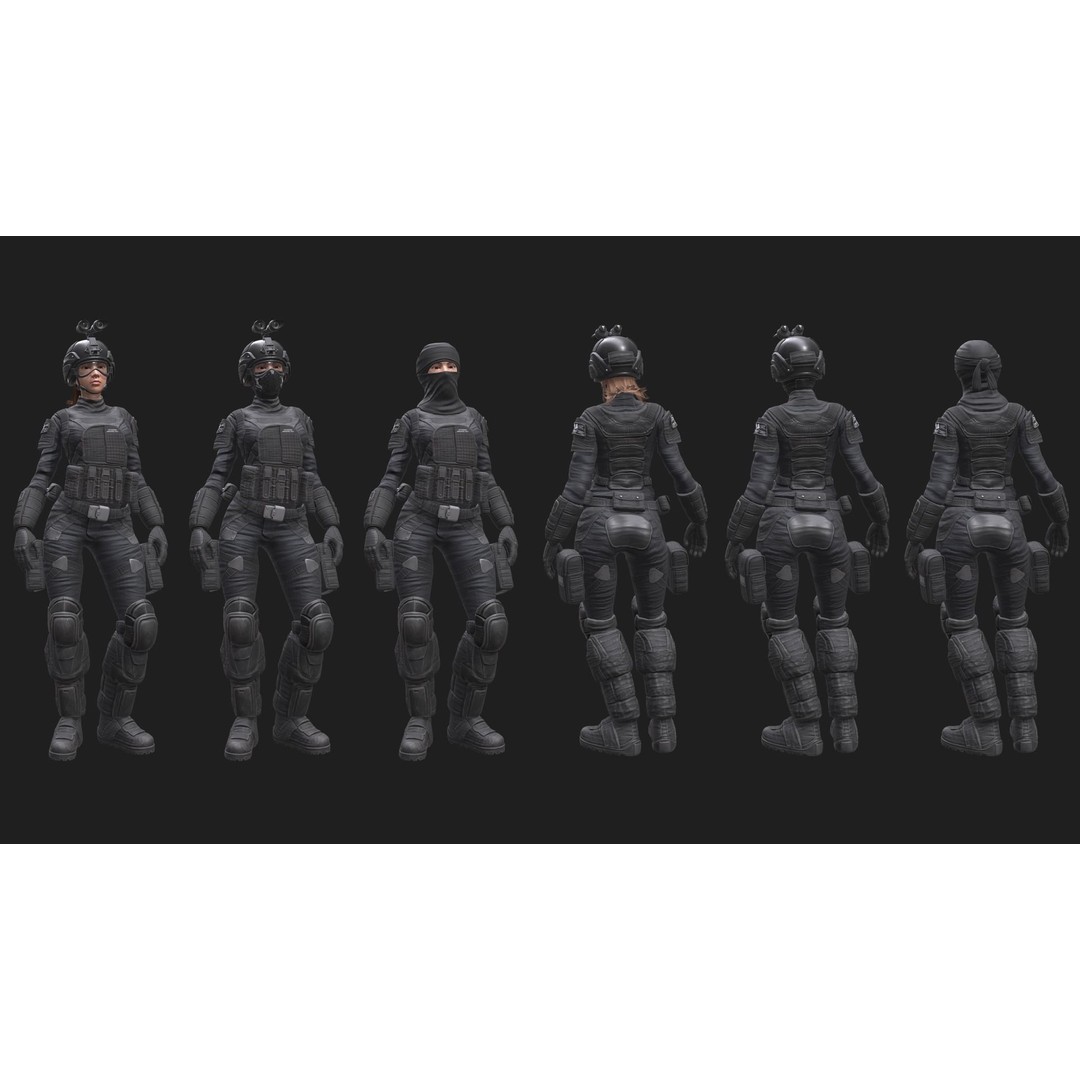 Female Soldier 3D Model – Low Poly Rigged Army Suit, FBX, PBR - View 4