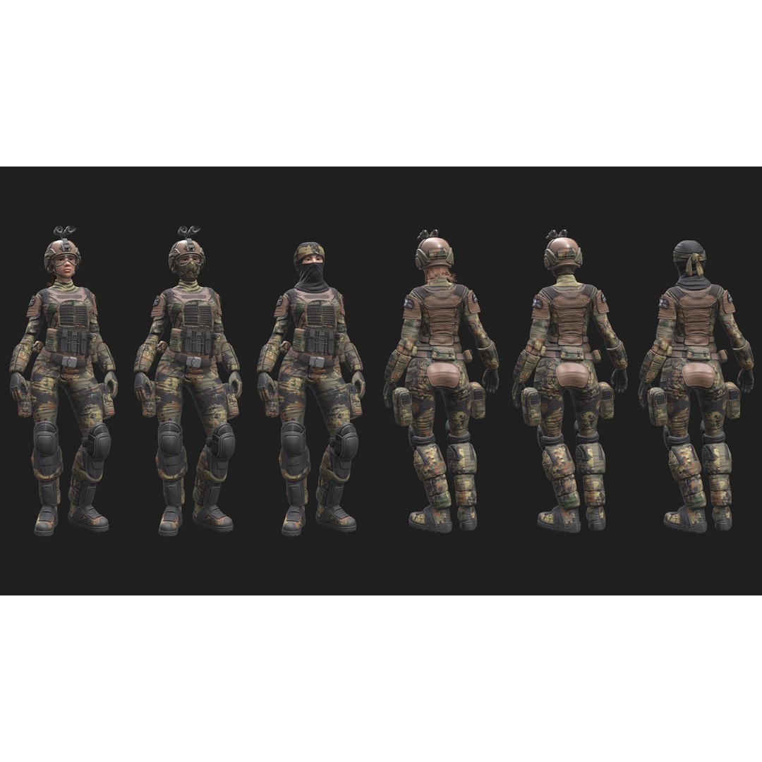 Female Soldier 3D Model – Low Poly Rigged Army Suit, FBX, PBR - View 5