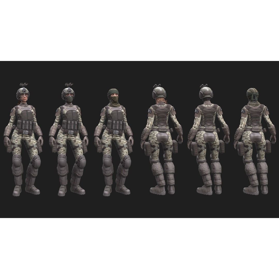 Female Soldier 3D Model – Low Poly Rigged Army Suit, FBX, PBR - View 6