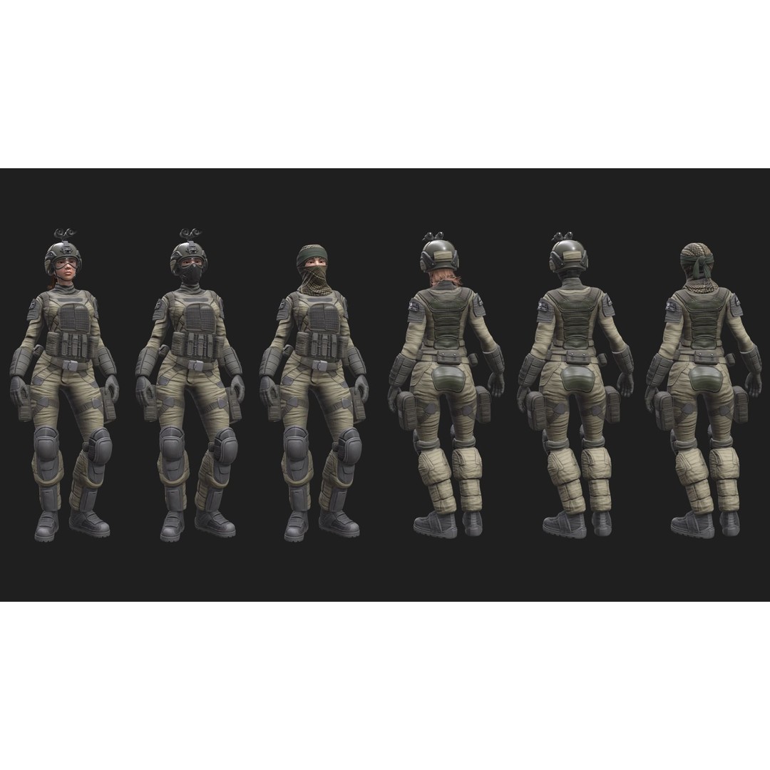 Female Soldier 3D Model – Low Poly Rigged Army Suit, FBX, PBR - View 7
