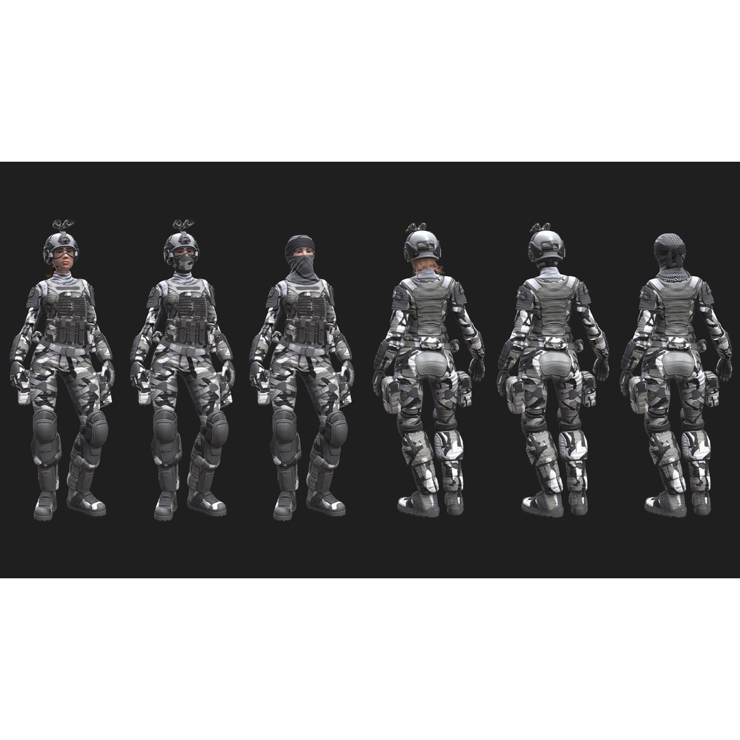 Female Soldier 3D Model – Low Poly Rigged Army Suit, FBX, PBR - View 9