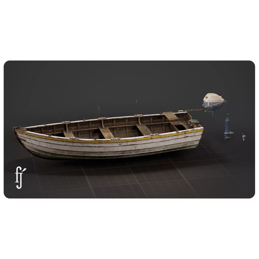 Wooden Fishing Boat 3D Model – High Poly Skiff Dinghy with PBR Textures