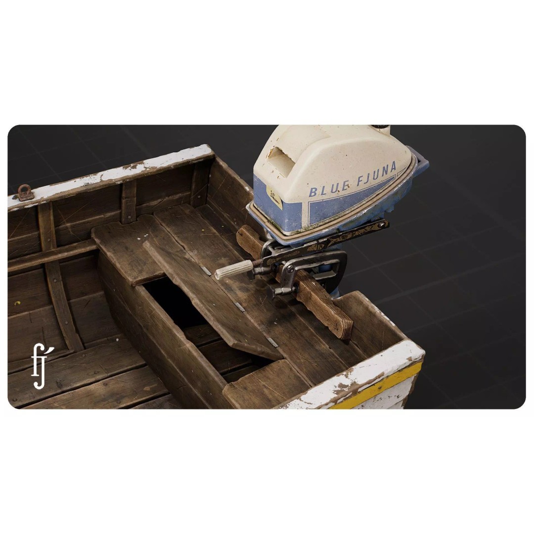 Wooden Fishing Boat 3D Model – High Poly Skiff Dinghy with PBR Textures - View 10