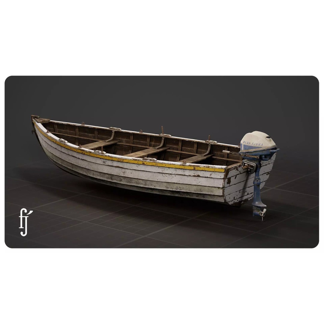 Wooden Fishing Boat 3D Model – High Poly Skiff Dinghy with PBR Textures - View 3