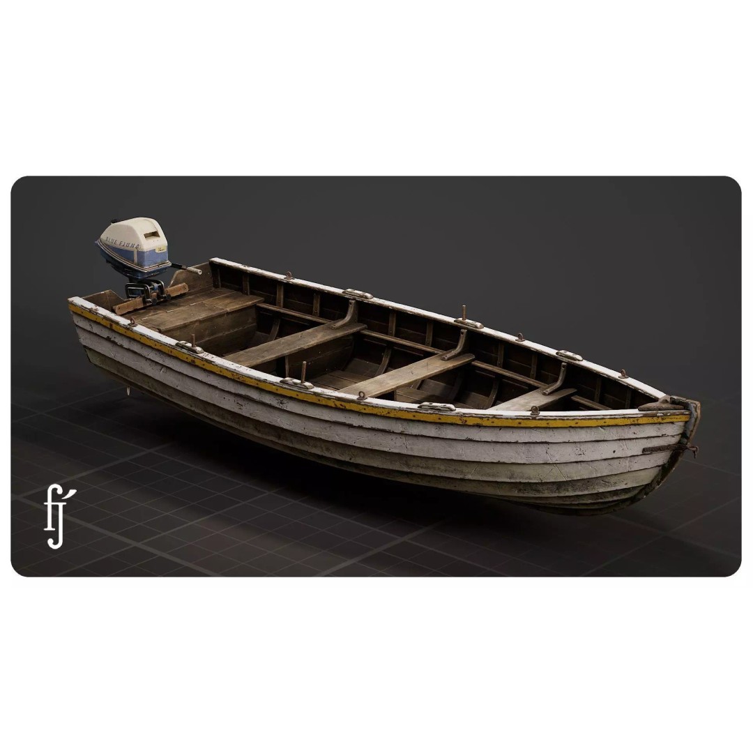 Wooden Fishing Boat 3D Model – High Poly Skiff Dinghy with PBR Textures - View 4