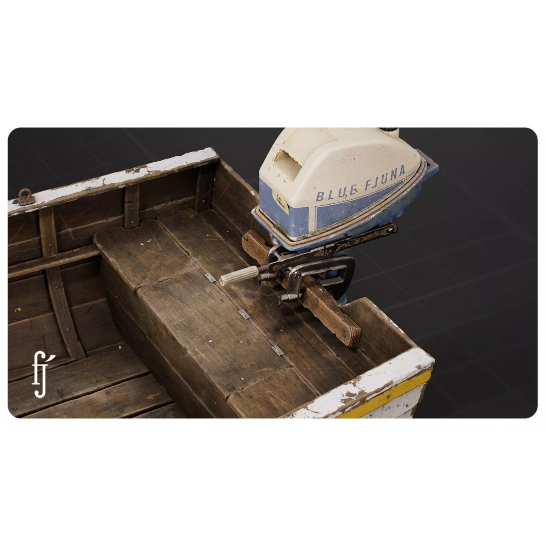 Wooden Fishing Boat 3D Model – High Poly Skiff Dinghy with PBR Textures - View 9